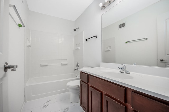 full bathroom featuring shower / bathtub combination, vanity, and toilet