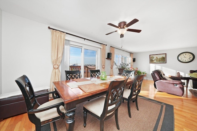 dining area with ceiling fan and light hardwood / wood-style floors