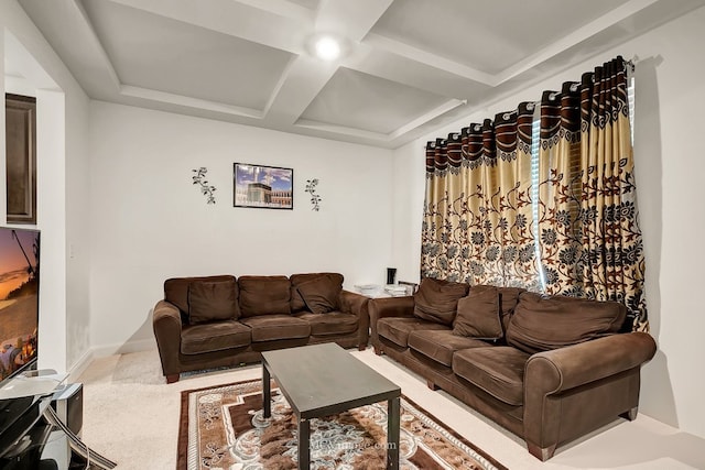 living room featuring coffered ceiling, beam ceiling, and light carpet