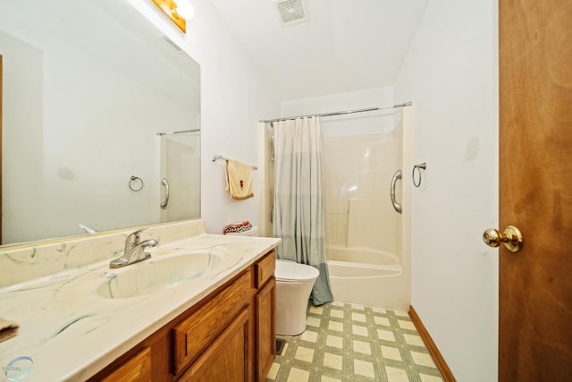 full bathroom featuring vanity, shower / bath combination with curtain, and toilet