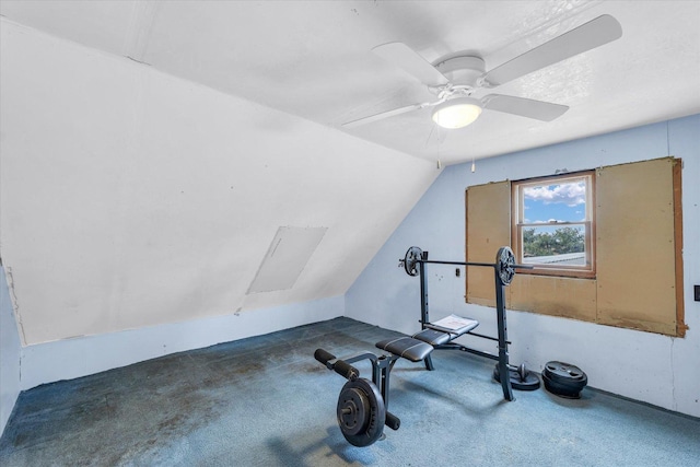 workout room with lofted ceiling and carpet floors