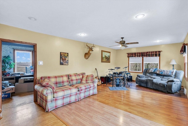 living room with ceiling fan and wood-type flooring