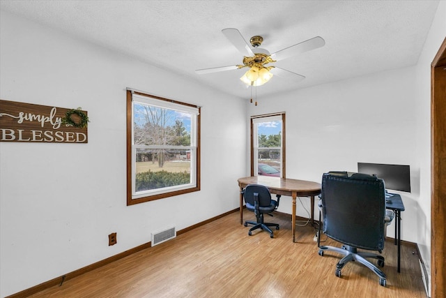 office with ceiling fan, a textured ceiling, and light hardwood / wood-style flooring