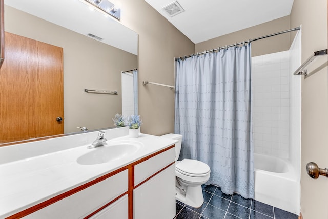 full bathroom featuring shower / bath combination with curtain, vanity, toilet, and tile patterned flooring