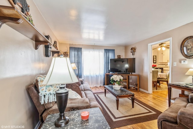 living room with hardwood / wood-style flooring and ceiling fan