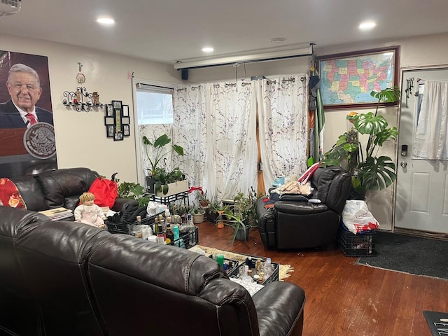 living room with dark hardwood / wood-style floors