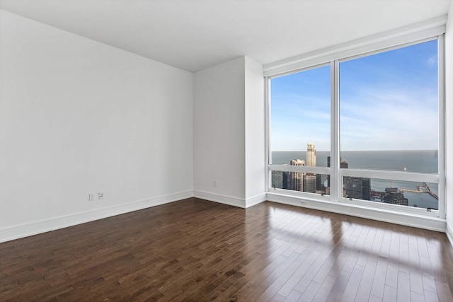 empty room featuring floor to ceiling windows, a water view, and dark wood-type flooring