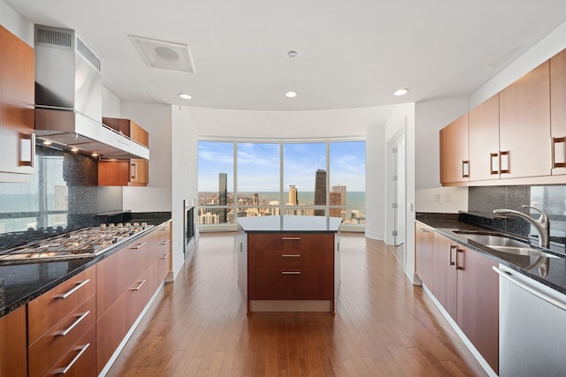 kitchen featuring range hood, modern cabinets, appliances with stainless steel finishes, and a sink
