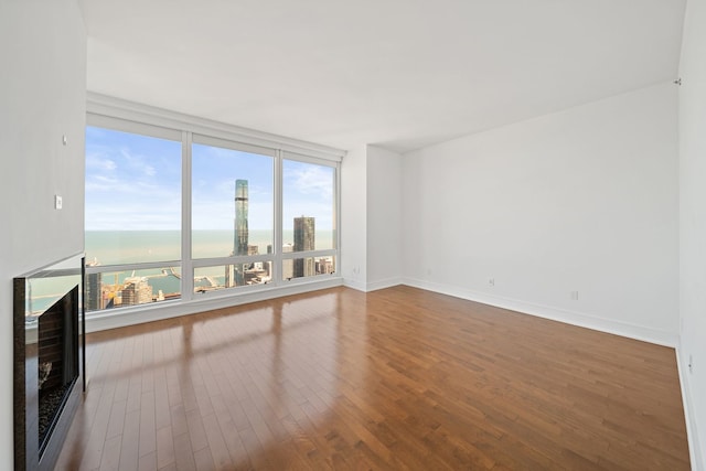 empty room featuring a water view, wood finished floors, baseboards, and a fireplace
