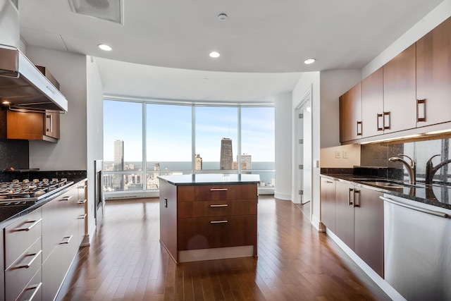 kitchen featuring dark wood-type flooring, sink, dark stone countertops, stainless steel appliances, and decorative backsplash