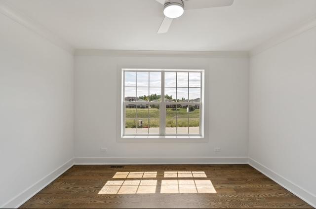 spare room featuring dark wood-type flooring, ornamental molding, and ceiling fan