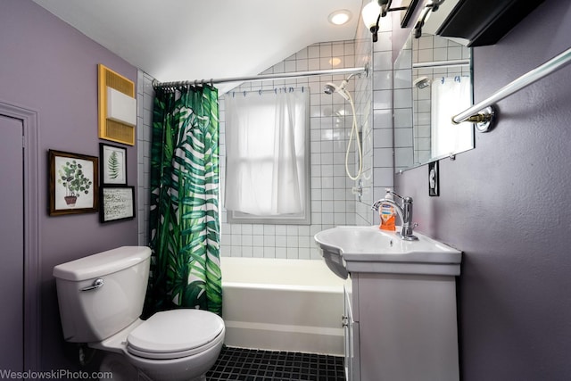 full bathroom with vanity, shower / tub combo, tile patterned floors, and toilet