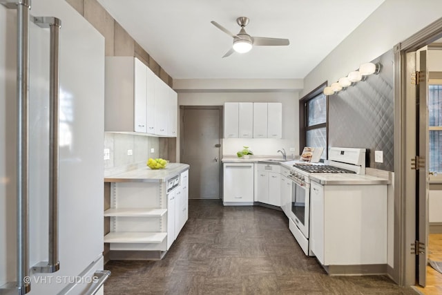 kitchen featuring dark parquet floors, sink, white cabinets, ceiling fan, and white appliances