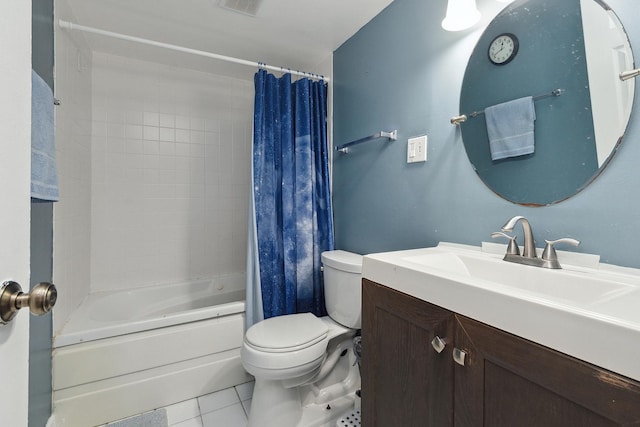 full bathroom with vanity, shower / tub combo, tile patterned floors, and toilet