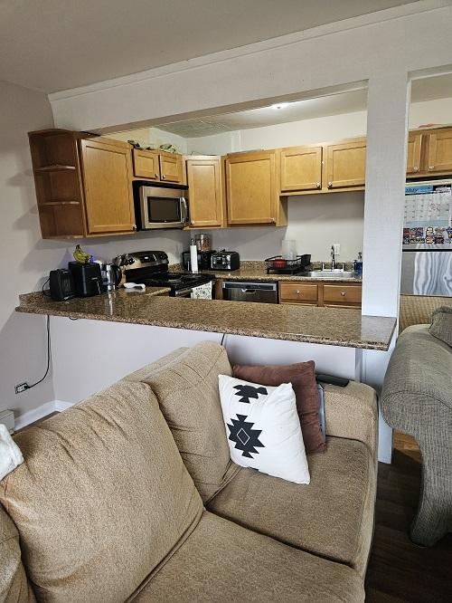 kitchen featuring stainless steel appliances, a breakfast bar, sink, and kitchen peninsula