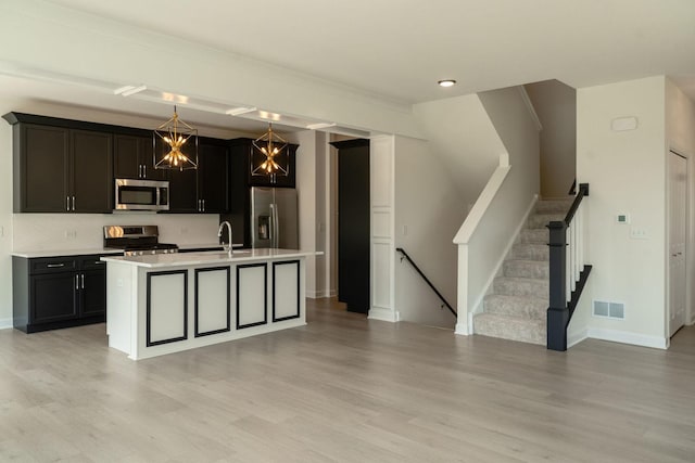 kitchen with pendant lighting, sink, appliances with stainless steel finishes, a kitchen island with sink, and light wood-type flooring