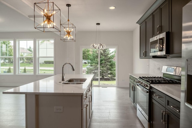 kitchen featuring pendant lighting, an island with sink, stainless steel appliances, and sink