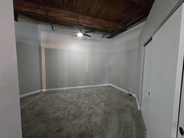 empty room with ceiling fan, carpet flooring, wood ceiling, and beam ceiling