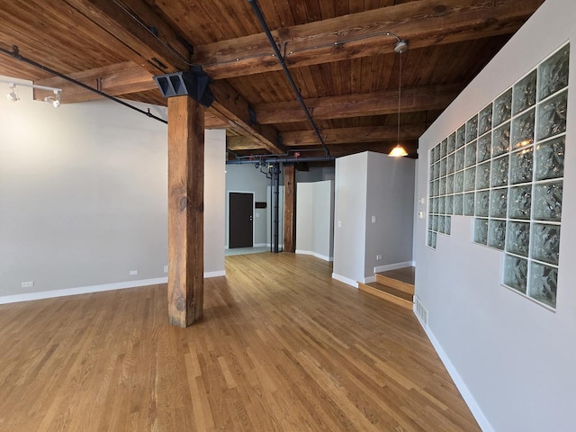 basement with hardwood / wood-style floors and wooden ceiling