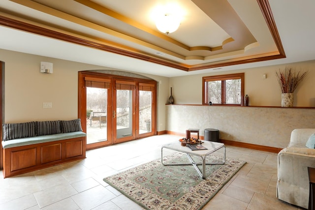 living room with a raised ceiling