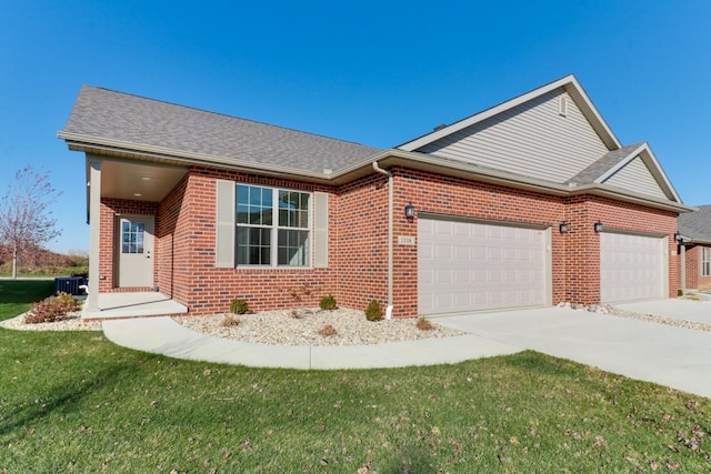 view of front of home featuring central AC unit, a garage, and a front lawn