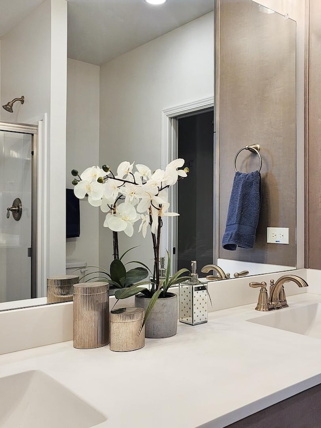 bathroom with vanity and a shower with shower door