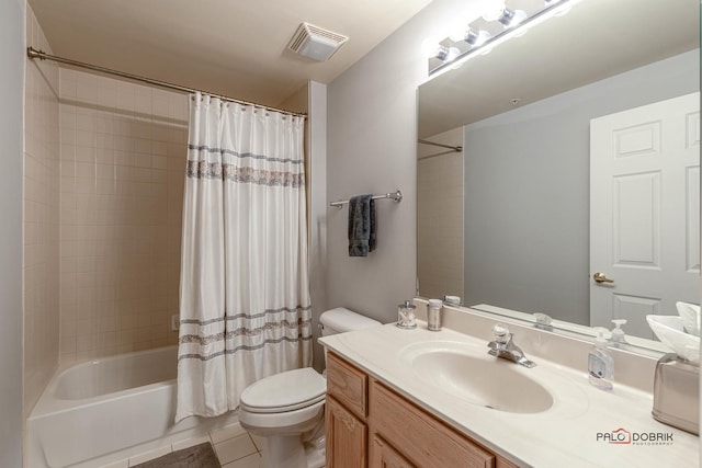 full bathroom featuring toilet, vanity, shower / bathtub combination with curtain, and tile patterned flooring