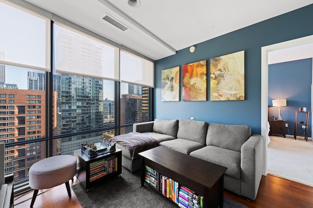 living room featuring hardwood / wood-style flooring and expansive windows