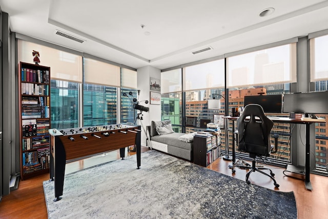 office with expansive windows and wood-type flooring