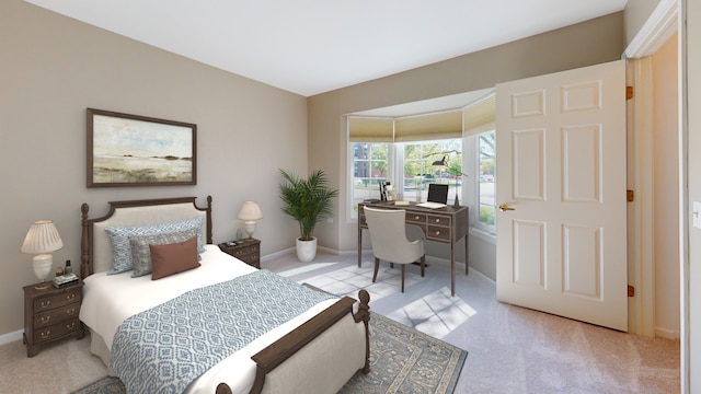 bedroom featuring light colored carpet