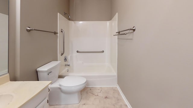 full bathroom featuring vanity, toilet, and washtub / shower combination