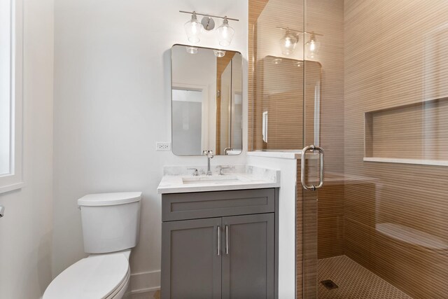 bathroom with toilet, vanity, and walk in shower