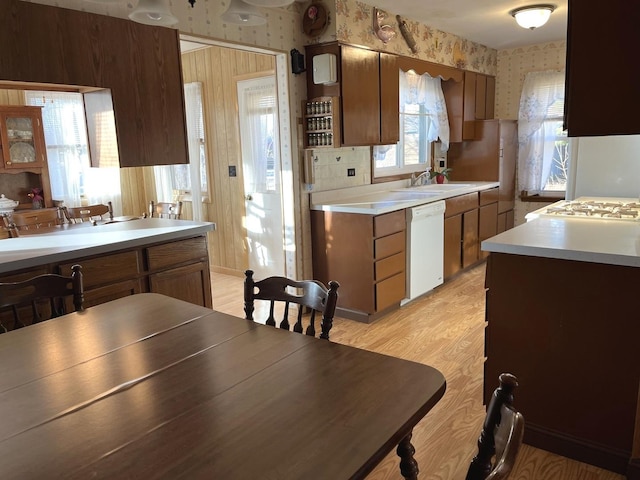 kitchen with white appliances, sink, and light hardwood / wood-style flooring