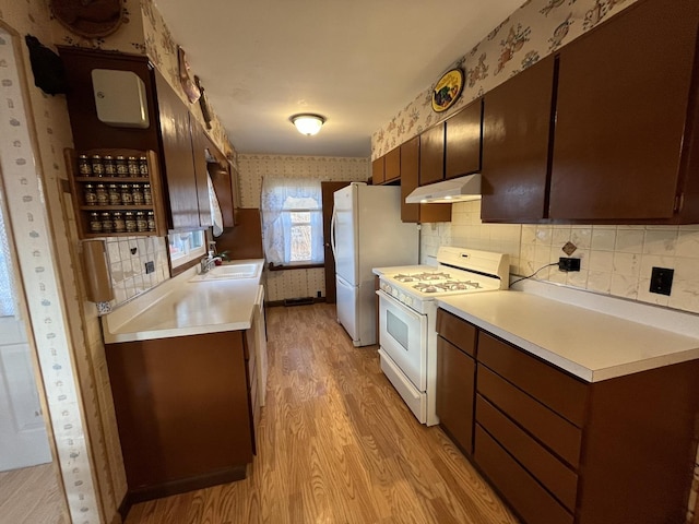 kitchen featuring white appliances, dark brown cabinets, sink, and light hardwood / wood-style flooring