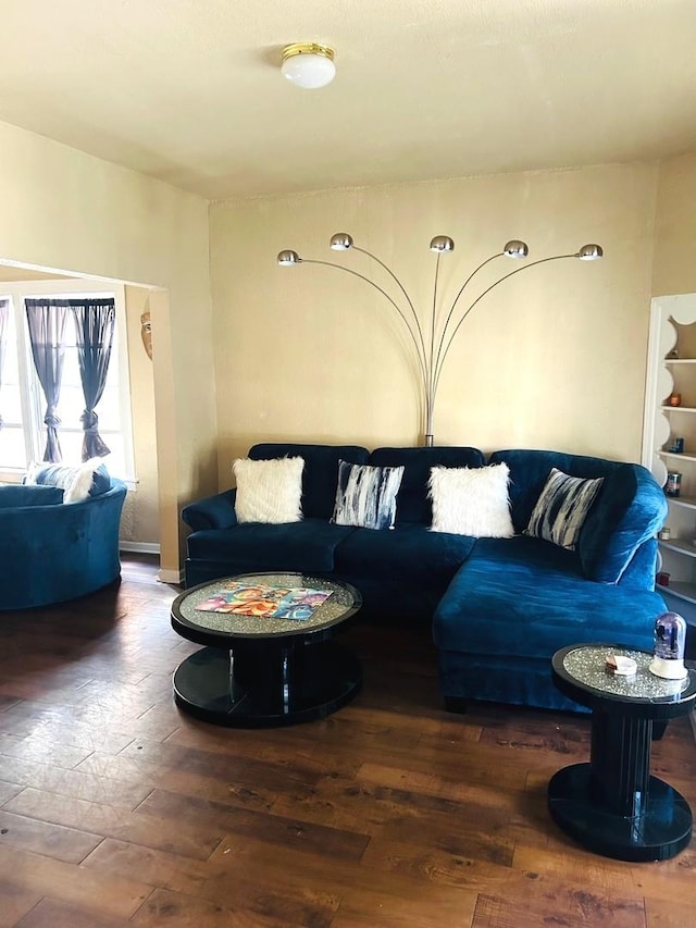 living room with dark hardwood / wood-style flooring