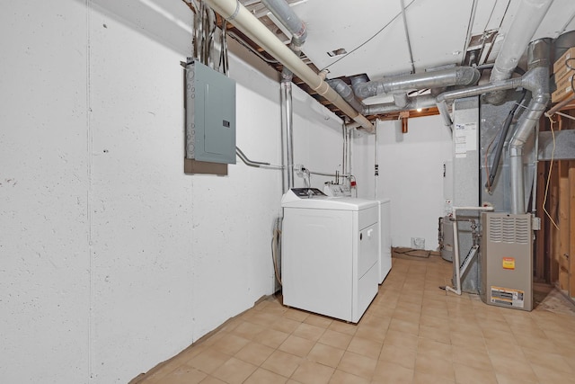 basement with washing machine and dryer and electric panel