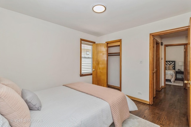 bedroom with dark hardwood / wood-style flooring and a closet