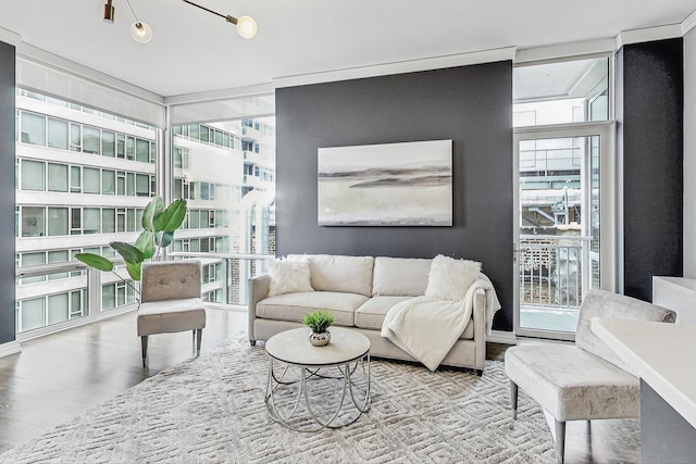 living room with a wall of windows and hardwood / wood-style floors