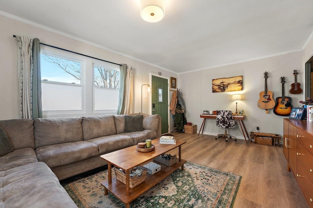 living room featuring hardwood / wood-style floors and crown molding