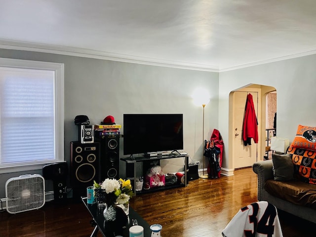 living room with wood-type flooring and ornamental molding