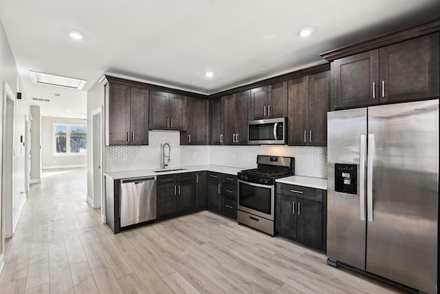 kitchen featuring decorative backsplash, appliances with stainless steel finishes, light countertops, and a sink