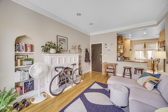 living room featuring ornamental molding and light hardwood / wood-style floors