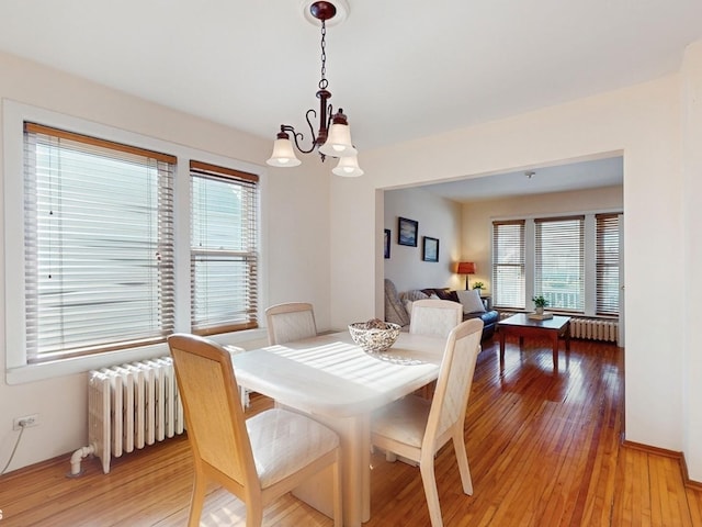 dining area featuring hardwood / wood-style floors, radiator heating unit, and an inviting chandelier