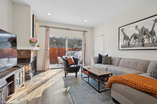 living room featuring a fireplace and wood-type flooring