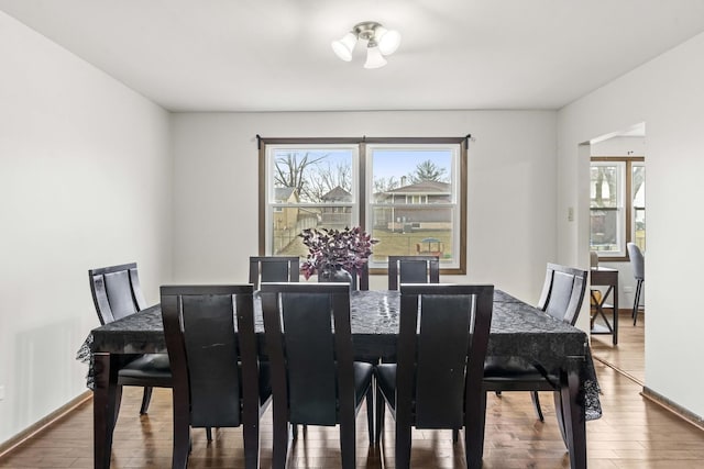 dining area featuring wood-type flooring and plenty of natural light