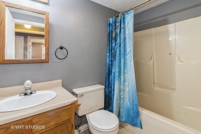 full bathroom with vanity, shower / bath combination with curtain, and toilet