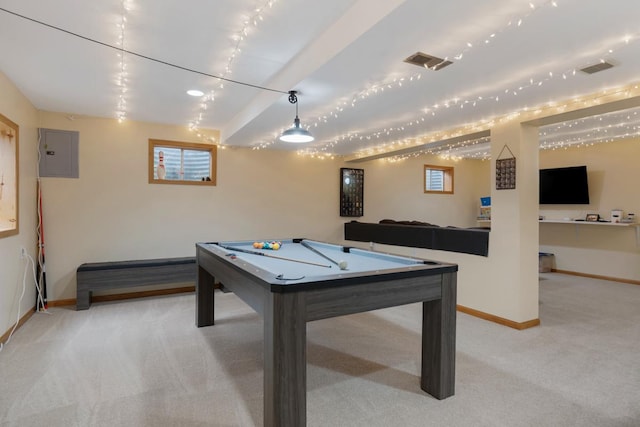 game room with light colored carpet and electric panel