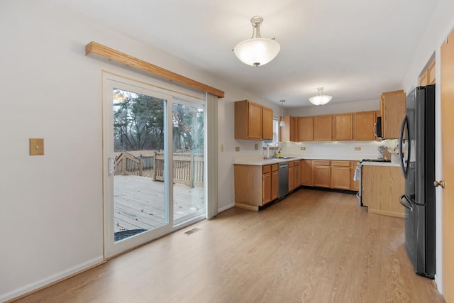 kitchen featuring stainless steel appliances, sink, hanging light fixtures, and light hardwood / wood-style flooring