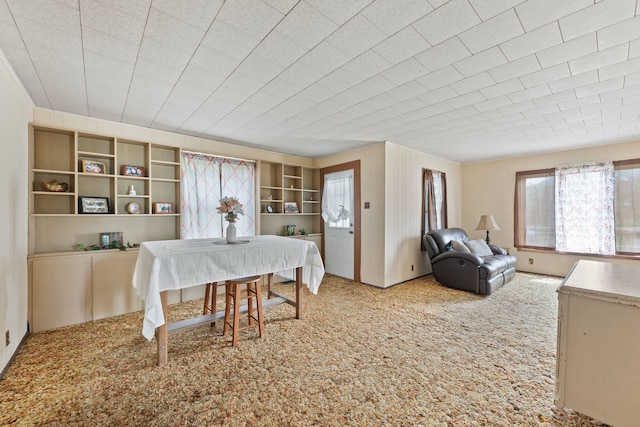 carpeted dining space with built in shelves