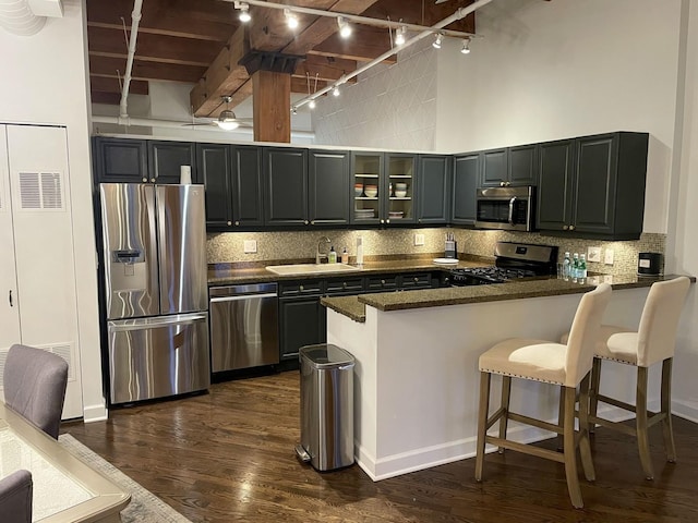 kitchen featuring sink, dark wood-type flooring, appliances with stainless steel finishes, a high ceiling, and decorative backsplash